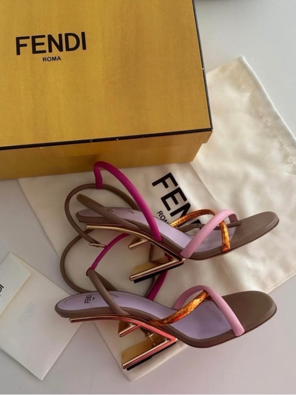 Fendi Pink, Magenta and Brown Multi-Strip Heeled Sandals